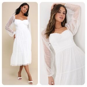 Lulu's Affectionate Aura Swiss Dot Tiered Bustier Long Sleeve Midi Dress White
